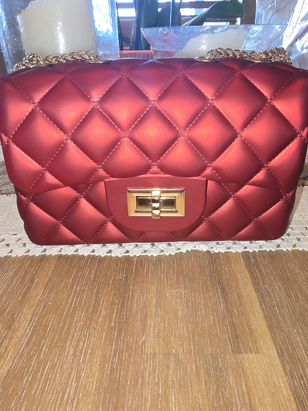 Quilted Red Chain Shoulder Bag with Gold Hardware